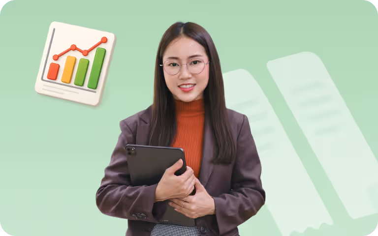 A woman in a brown blazer holds a tablet, with a growth - chart icon. She represents ccMonet’s financial experts, using AI tools to help SMEs manage bookkeeping, dashboards, ensure data accuracy, and deliver industry - tailored workflow solutions.
