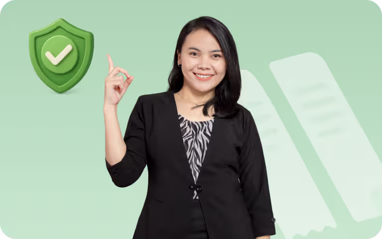 A woman in a black blazer gestures with her hand, next to a green shield icon. She represents ccMonet’s compliance experts, leveraging AI tools to ensure SMEs”financial data accuracy, regulatory adherence, and secure, streamlined workflows.