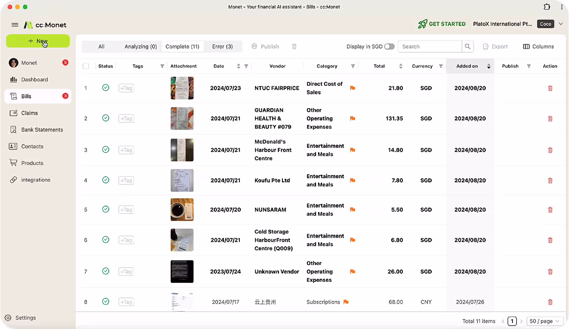 The image shows ccMonet’s bill - management dashboard, listing invoices with details like vendor, date, and amount. It highlights AI - powered financial - management tools for SMEs, streamlining tasks like expense tracking. Backed by experts (ensuring compliance, accuracy), it supports efficient financial workflows....