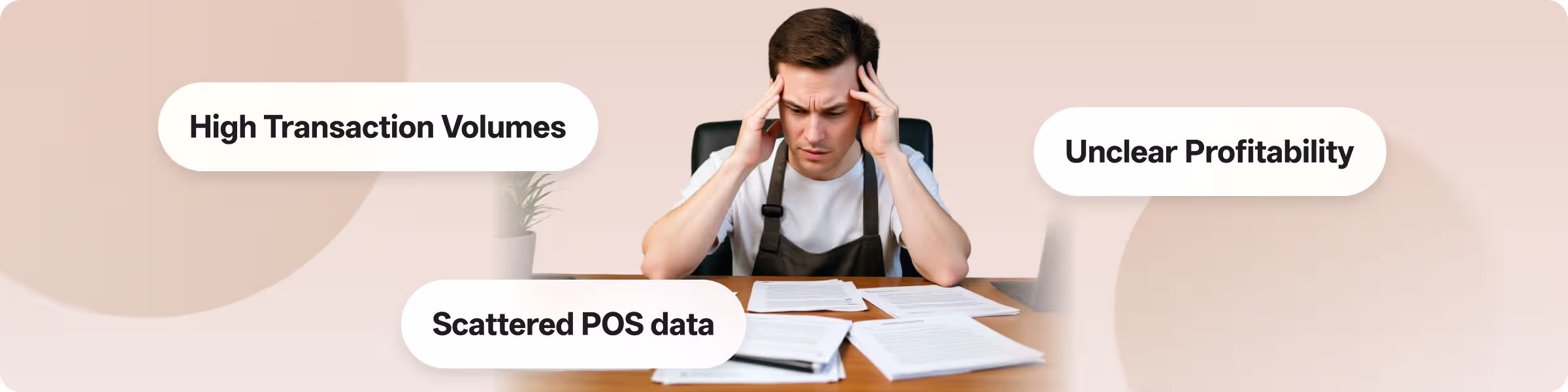 A man in an apron sits at a cluttered desk, stressed by “High Transaction Volumes,”“Unclear Profitability,”and “Scattered POS data”—common challenges for retail/service SMEs. ccMonet’s AI - powered tools (automated bookkeeping, unified dashboards) and expert services simplify these issues, enhancing financial clarity and efficiency.
